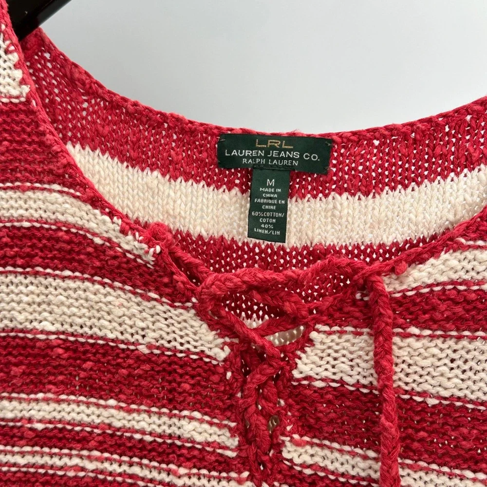 LRL Ralph Lauren Striped Knit Top Sleeveless Lace Up Red‎ Cream Women's M - Picture 2 of 5